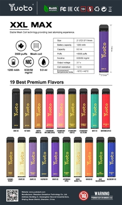 ODM Yuoto 3500 Puffs Vape Bar 16 Karışık Lezzet ROHS 1200mAh Pil 9ml E Suyu