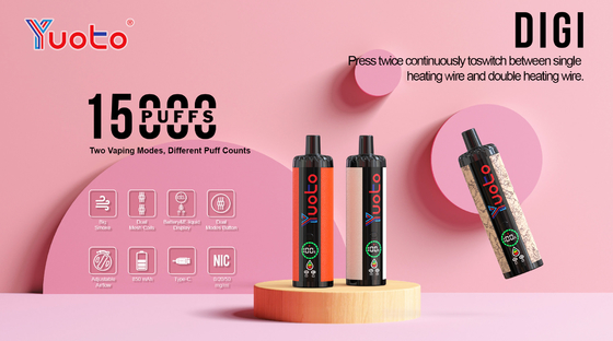 Yeniden şarj edilebilir Yuoto DIGI 15000 Puffs Double Mesh Coil Vape 22 Aroması Pil yakıt seviyesi Ul