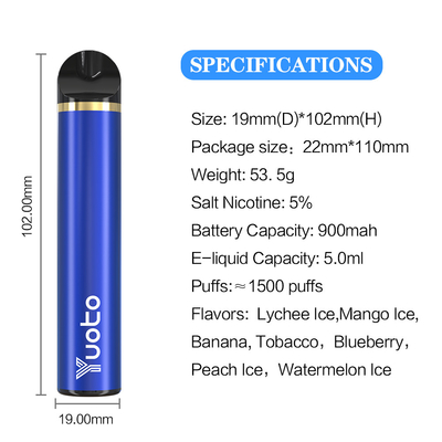 23 Tatlar 1500 Puf Tek Kullanımlık Vape 5ml E Suyu Kapasitesi CE CF sertifikası