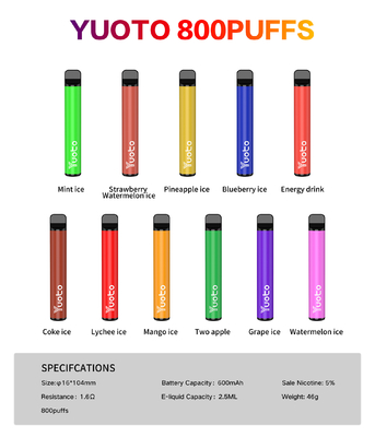 Yuoto 800 Puffs Vape, 11 Lezzet Origal Alanı ile 2.5 ML Suyu Kapasitesi